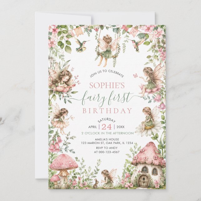 Invitación Cumpleaños de Hada Primer Bosque Acuarela Niña Lin (Anverso)