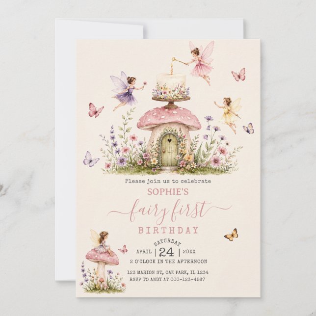 Invitación Cumpleaños de hada primer bosque jardín de hadas (Anverso)