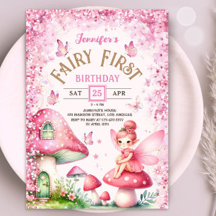 Invitación Cumpleaños de Hada Primer Champiñón Bosque Encanta