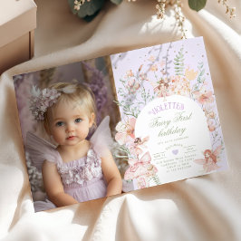 Invitación Cumpleaños de Hada Primer Pastel Lila Caprichoso F