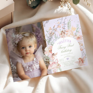 Invitación Cumpleaños de Hada Primer Pastel Lila Caprichoso F