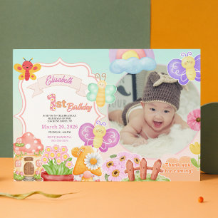 Invitación Cumpleaños de Hada Primera Foto Mariposa Rosa 1er