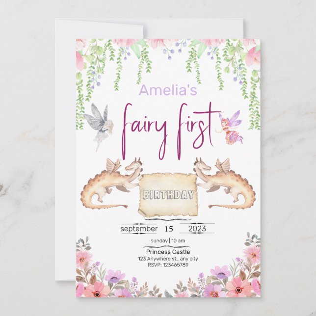 Invitación Cumpleaños de Hada Princesa Floral Acuarela Primer (Anverso)