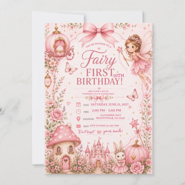 Invitación cumpleaños de hada rosa (Anverso)