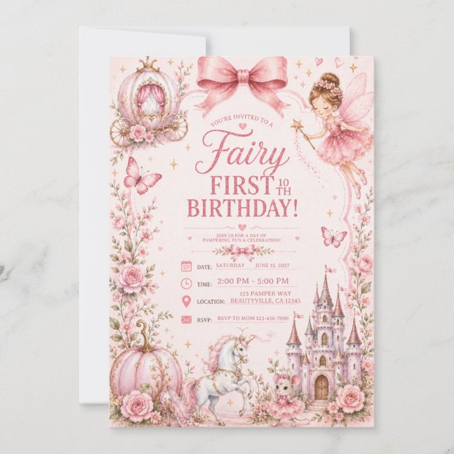 Invitación cumpleaños de hada rosa (Anverso)