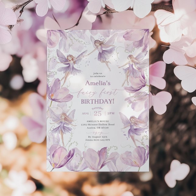 Invitación Cumpleaños de Hadas 1er Cumpleaños de Niñas Hadas  (Fairy First Purple Birthday Invitation)