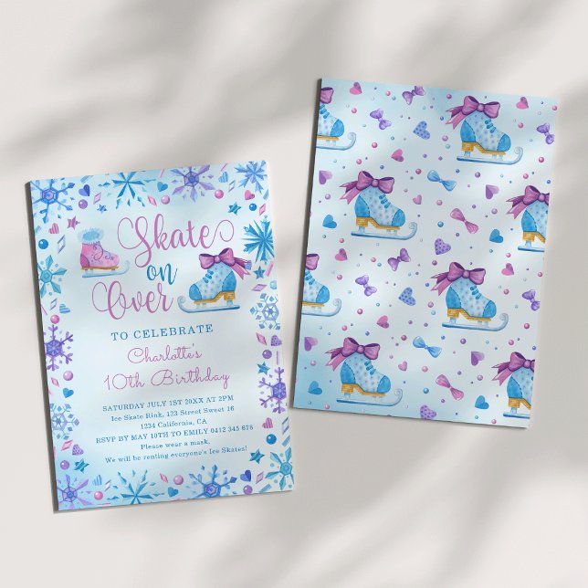 Invitación Cumpleaños de Hadas de Cuento de Hielo Congelado P (Ice Skating Watercolor Frozen Fairy Tale Snowflakes Hearts Ice Crystals Birthday Invitation
)