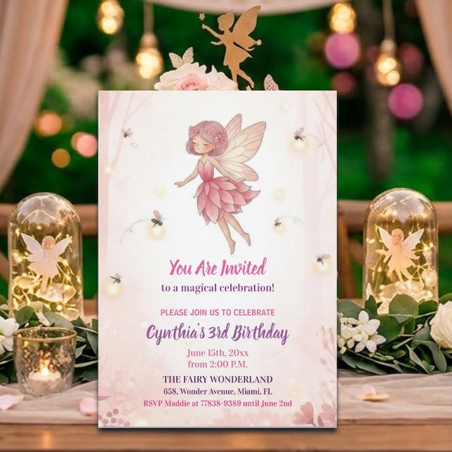 Invitación Cumpleaños de hadas del bosque rosa con luciérnaga (Subido por el creador)