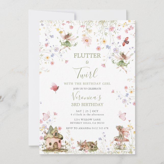 Invitación Cumpleaños de hadas del jardín floral de flores si (Anverso)