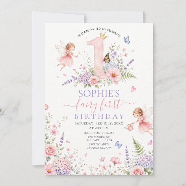 Invitación Cumpleaños de hadas florales rosadas (Anverso)