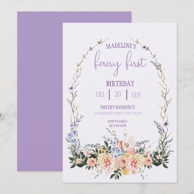 Invitación Cumpleaños de Hadas Primer Bosque Acuarela Hongo (Anverso / Reverso)