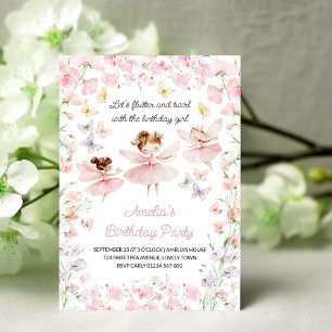 Invitación Cumpleaños de hadas y flores para niñas de cualqui