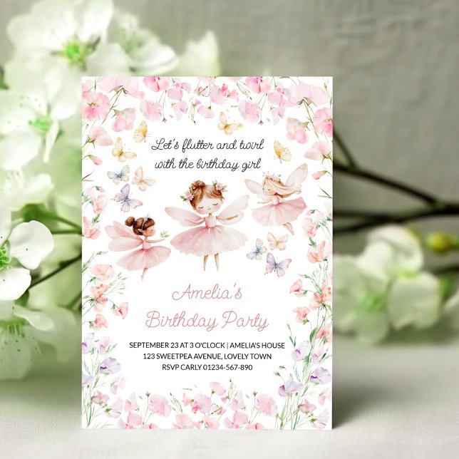 Invitación Cumpleaños de hadas y flores para niñas de cualqui (Flutter & Twirl with the Birthday Girl. Editable party invitation for any age.)