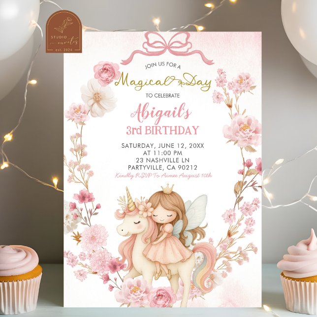 Invitación Cumpleaños de hadas y unicornios Coquette con lazo (Subido por el creador)