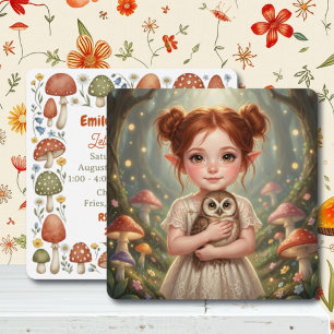 Invitación Cumpleaños de hadita pelirroja y niña búho con est