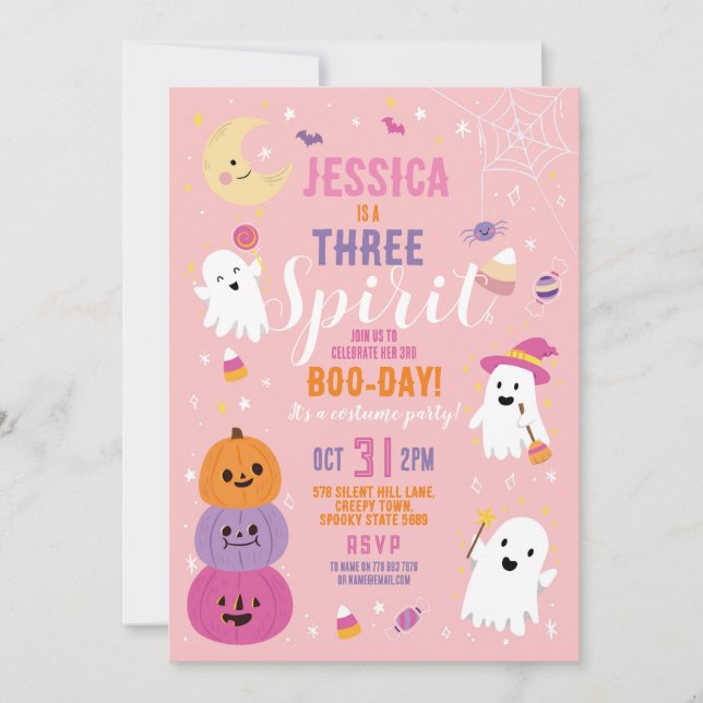 Invitación Cumpleaños de Halloween 3er Chica Fiesta Fantasma  (Anverso)