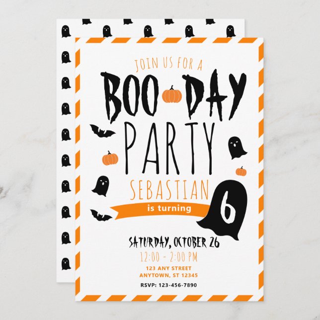 Invitación Cumpleaños de Halloween Boo-Day Fantasmas y Murcié (Anverso / Reverso)