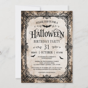 Invitación Cumpleaños de Halloween con filigrana antigua góti
