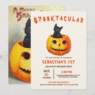 Invitación Cumpleaños de Halloween con un gato negro lindo