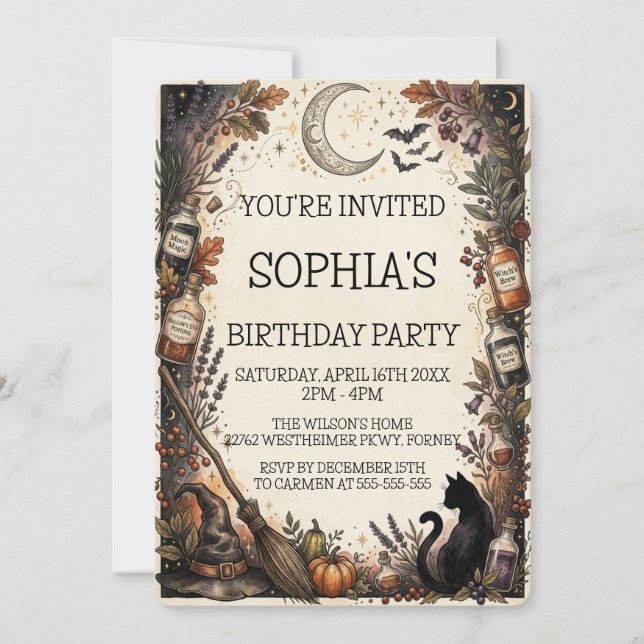 Invitación Cumpleaños de Halloween de Bruja Editable Personal (Anverso)