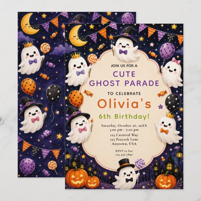 Invitación Cumpleaños de Halloween de fantasma lindo (Anverso / Reverso)