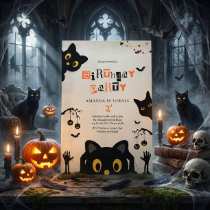 Invitación Cumpleaños de Halloween de Gato Negro Adorable