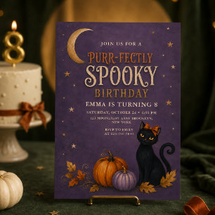 Invitación Cumpleaños de Halloween de gato negro perfectament