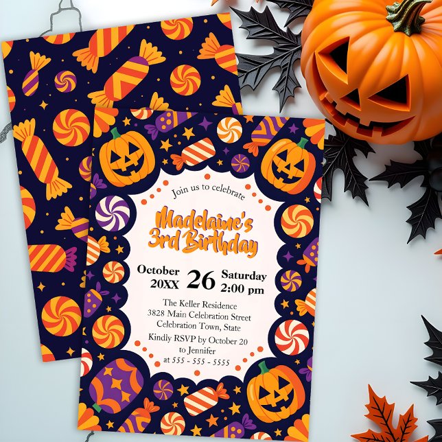 Invitación Cumpleaños de Halloween de niños con caramelos mor (Subido por el creador)