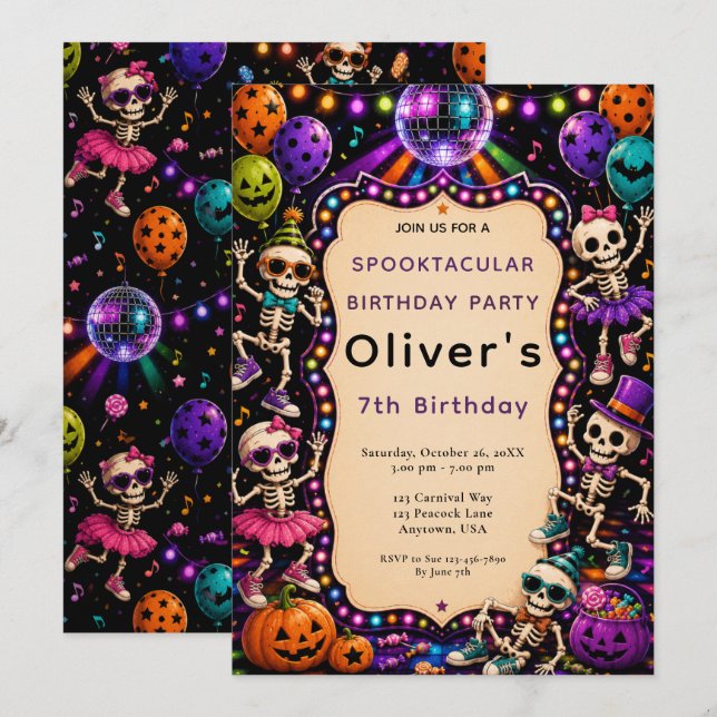 Invitación Cumpleaños de Halloween del esqueleto bailarín (Anverso / Reverso)