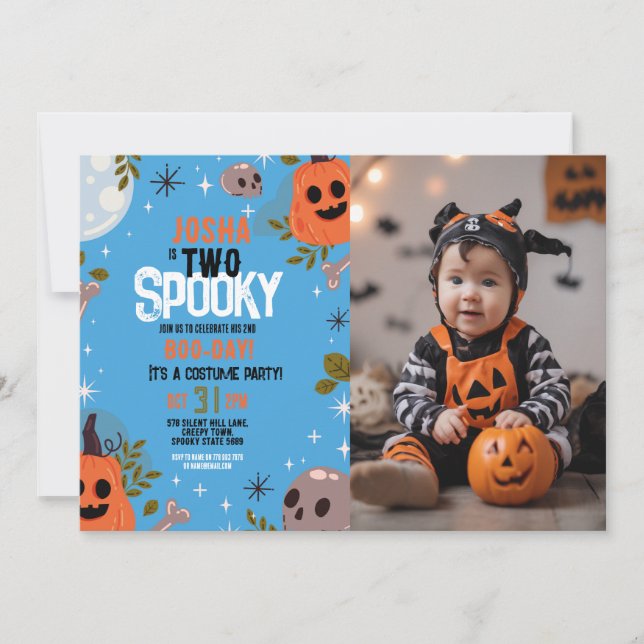 Invitación Cumpleaños de Halloween dos niños Fiesta foto azul (Anverso)