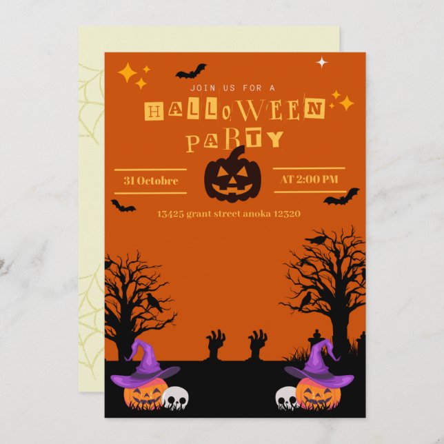 Invitación cumpleaños de Halloween en Spooktacular negro (Anverso / Reverso)
