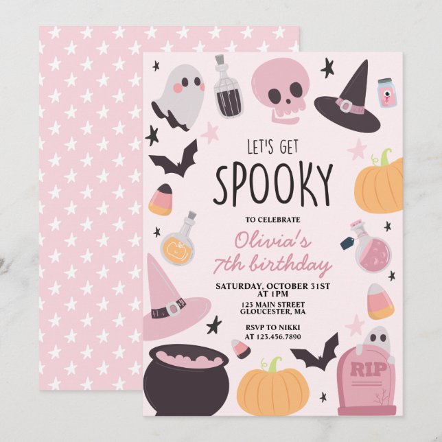Invitación Cumpleaños de Halloween espeluznante rosa (Anverso / Reverso)