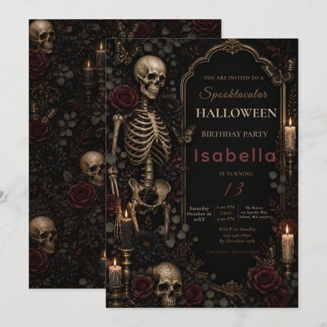 Invitación Cumpleaños de Halloween Esqueleto Gótico (Anverso / Reverso)