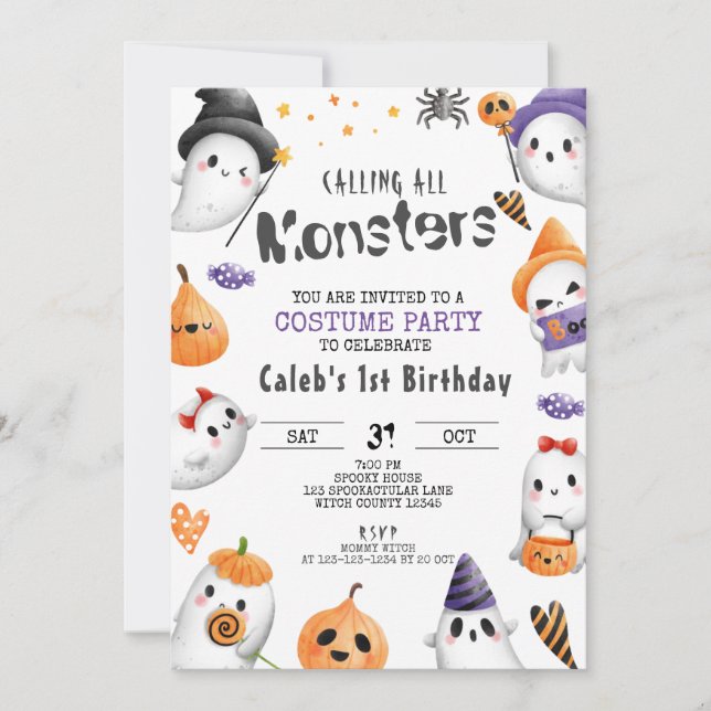 Invitación Cumpleaños de Halloween, Fiesta de disfraces, Fies (Anverso)