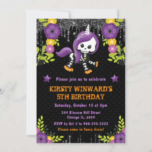 Invitación Cumpleaños de Halloween floral de unicornio lindo