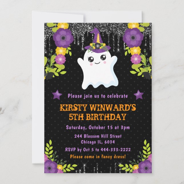Invitación Cumpleaños de Halloween Floral Fantasma Lindo (Anverso)