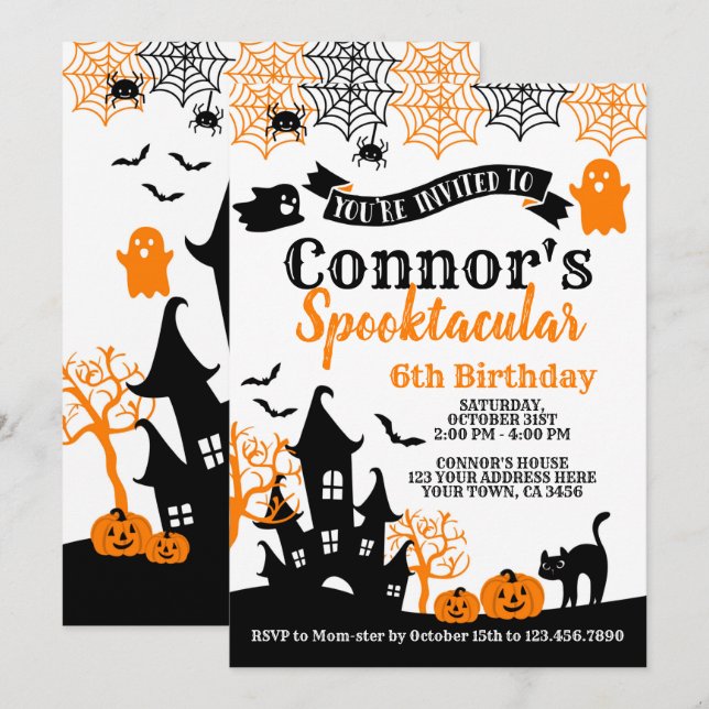 Invitación Cumpleaños de Halloween Naranja y Negro (Anverso / Reverso)