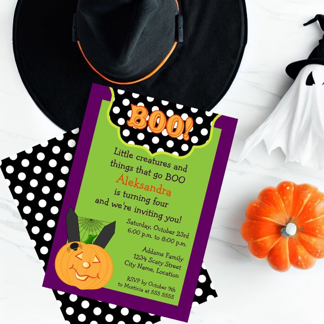 Invitación Cumpleaños de Halloween para niños divertidos (Celebrate a Halloween birthday with this cute BOO and pumpkin invitation.)