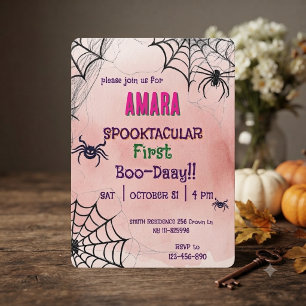 Invitación Cumpleaños de Halloween Rosa y arañas Halloween