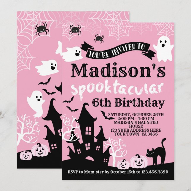 Invitación Cumpleaños de Halloween Rosado (Anverso / Reverso)