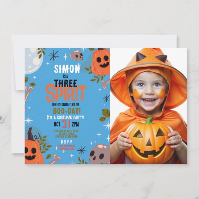 Invitación Cumpleaños de Halloween TRES niños Fiesta Foto Azu (Anverso)