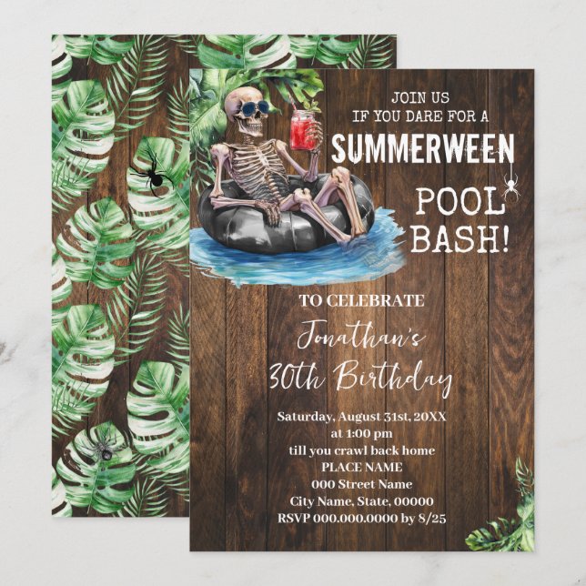 Invitación Cumpleaños de Halloween Tropical de Summerween Esq (Anverso / Reverso)