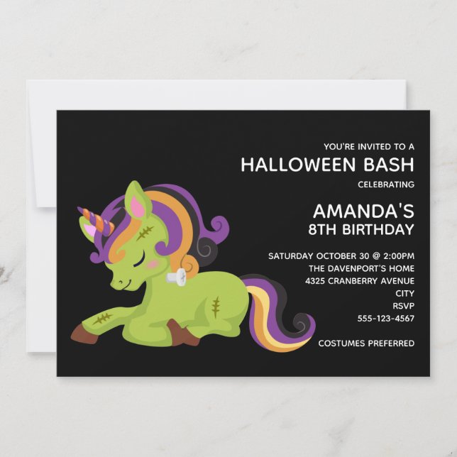 Invitación Cumpleaños de Halloween Unicornio de Frankenstein  (Anverso)