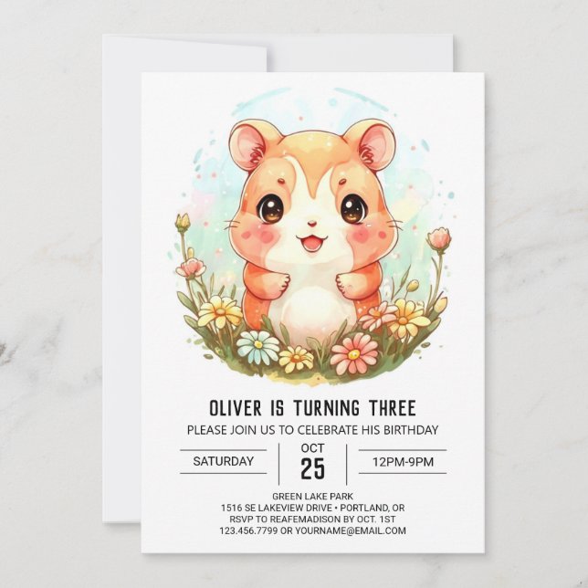 Invitación Cumpleaños de Hamster al estilo Boho (Anverso)