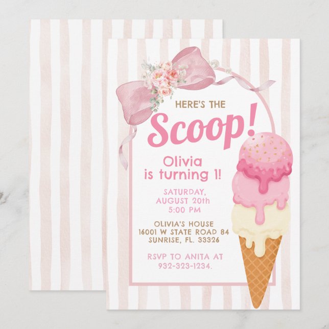 Invitación Cumpleaños de helado con lazo rosa (Anverso / Reverso)