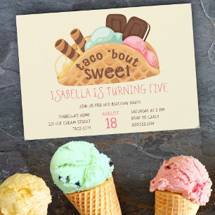 Invitación Cumpleaños de Helado de Waffle Dulce Taco