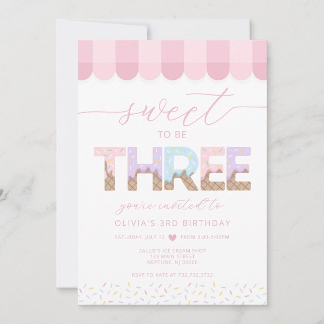 Invitación Cumpleaños de helado Dulce ser 3 con Purpurina Ros (Anverso)
