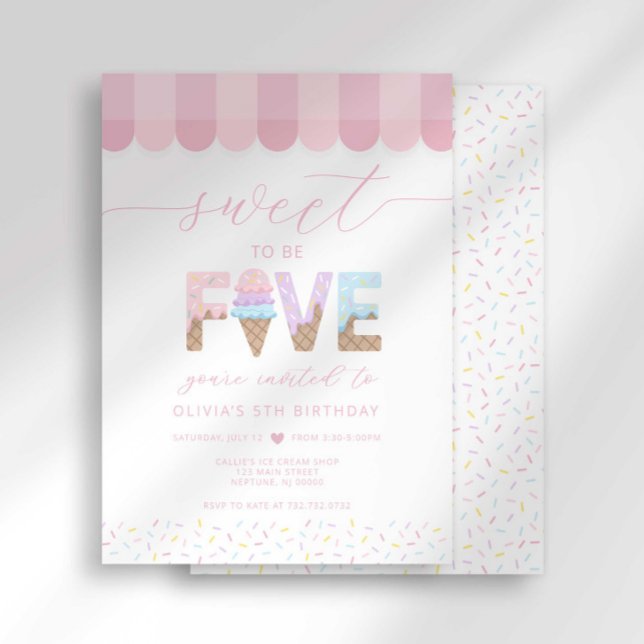 Invitación Cumpleaños de helado Dulce ser 5 con sprinkles ros (Subido por el creador)