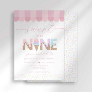 Invitación Cumpleaños de helado Dulce ser 9 con Purpurina Ros