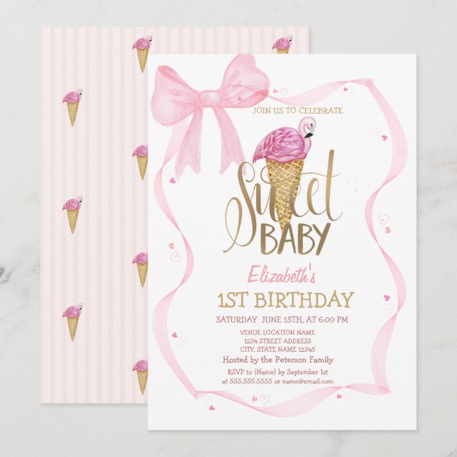 Invitación Cumpleaños de helado genial flamingo rosa lazo ray (Anverso / Reverso)